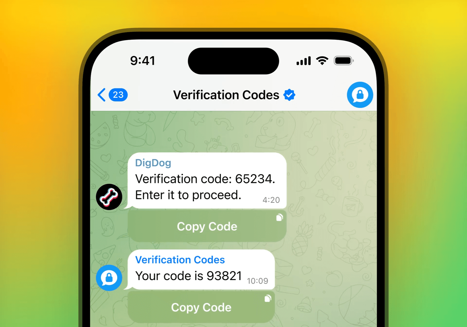 Obrolan kode verifikasi Telegram pada layar ponsel