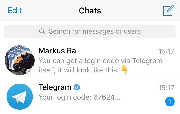 Contoh kode masuk Telegram yang dikirim melalui obrolan resmi di dalam aplikasi