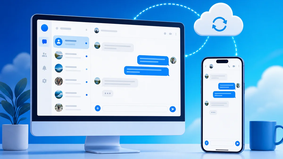 Ilustrasi sinkronisasi obrolan Telegram antara laptop, tablet, dan ponsel