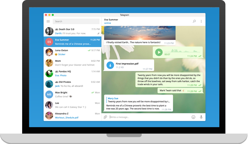 Tampilan aplikasi Telegram Desktop untuk Windows dengan daftar obrolan dan jendela pesan